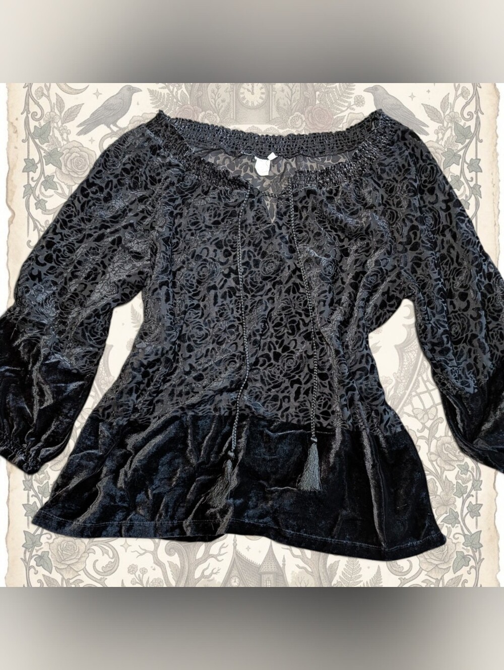 Whimsigoth Rose Burnout Velvet Peasant Blouse M Black Tassel Sheer Dark Romance
